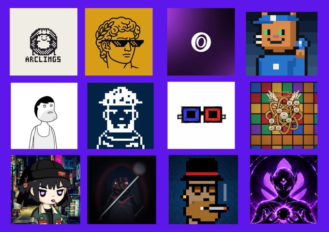 A grid of 12 NFT profile pictures displayed against a purple background, featuring various pixel art and illustrated characters.