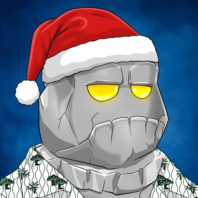 A stone-faced golem with glowing yellow eyes wears a Santa hat and a palm-tree patterned shirt, creating a festive yet intimidating holiday vibe that fits the giveaway announcement.