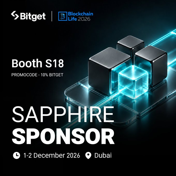 Bitget is promoted as a Sapphire Sponsor of Blockchain Life 2026 in Dubai, with the graphic highlighting its booth location (S18), event dates (December 1–2, 2026), and a 10% discount promocode, directly supporting the post's announcement of the company's attendance at one of the year's biggest Web3, crypto, mining, and AI gatherings.