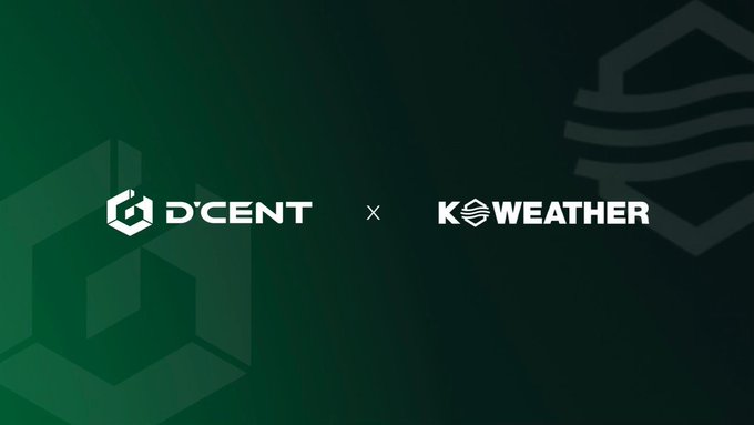 The image features the logos of D'CENT and KWeather side by side on a dark green background with geometric patterns, visually representing their partnership. A "×" symbol between the two logos signifies collaboration, aligning with the announcement of their joint exploration into DePIN, digital asset rewards, and the $XRP ecosystem.