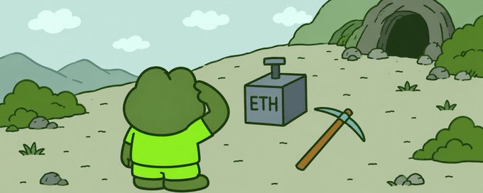 A cartoon illustration shows a green character standing before a cave with an 'ETH' block and a pickaxe, evoking a cryptocurrency mining theme.