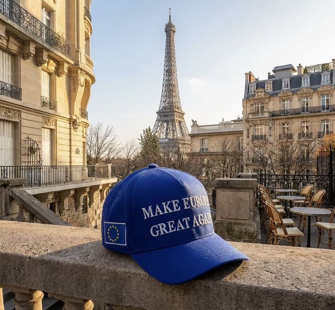 A photograph taken from a Parisian balcony or terrace with the Eiffel Tower visible in the background, featuring a blue baseball cap in the foreground with white text reading 'MAKE EUROPE GREAT AGAIN' alongside a European Union flag star emblem.