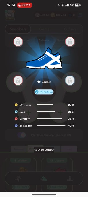 The image shows a phone screen displaying a blue shoe with white accents, along with four other shoes of various colors and designs. The text "stepn" can be seen at the bottom left corner of the screen. This information might be related to an app or game that features different types of shoes as characters or elements within its interface.