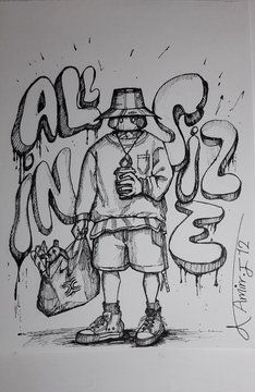 A black-and-white graffiti-style sketch of a hooded figure with a bucket on their head holding a spray paint can, with bubble letters and a signature reading 'Anubis 17'.