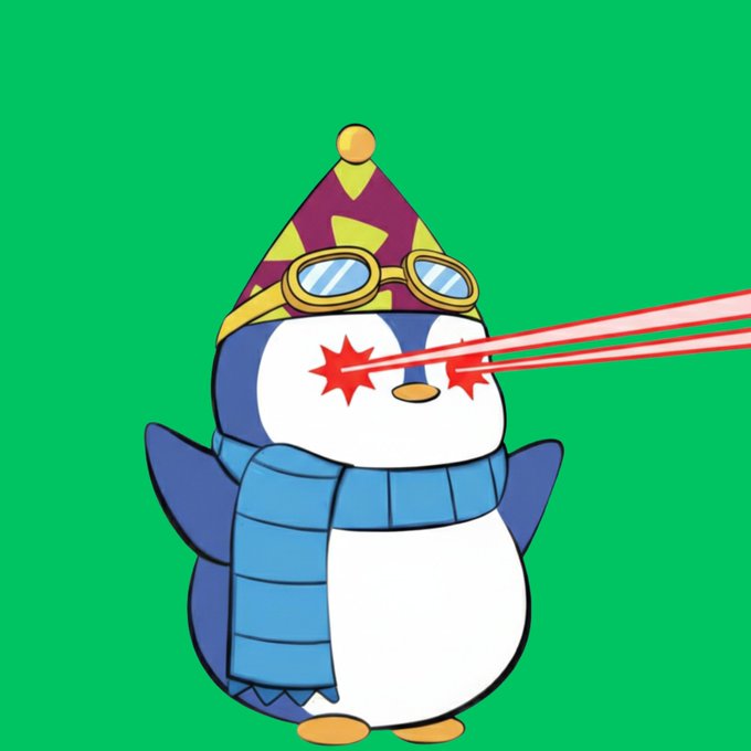 A cartoon penguin wearing a yellow patterned hat, goggles, and a blue scarf, with red star laser beams shooting from its eyes on a green background.