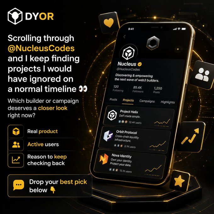 A promotional graphic for 'DYOR' highlighting the @NucleusCodes platform, showcasing projects like Project Helix, Orbit Protocol, and Nova Identity, asking users to drop their best pick.