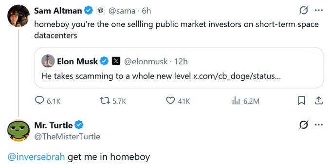 A screenshot of a Twitter/X exchange where Sam Altman (@sama) replies to Elon Musk (@elonmusk) with "homeboy you're the one selling public market investors on short-term space datacenters," and user Mr. Turtle (@TheMisterTurtle) replies "@inversebrah get me in homeboy"—capturing a public tech CEO spat that Mr. Turtle is gleefully trying to get pulled into, fitting the "smolchained" caption.