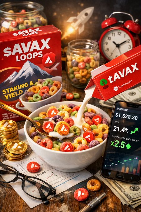 An advertisement for 'SAVAX LOOPS' cereal showing a bowl of colorful ring-shaped cereal with milk being poured from a 'tAVAX' carton, surrounded by stacks of gold coins, a laptop, glasses, an alarm clock, and a smartphone displaying earnings of '$1,528.30' with '21.4%' growth and 'CAPITAL EFFICIENCY BOOST x2.5'.
