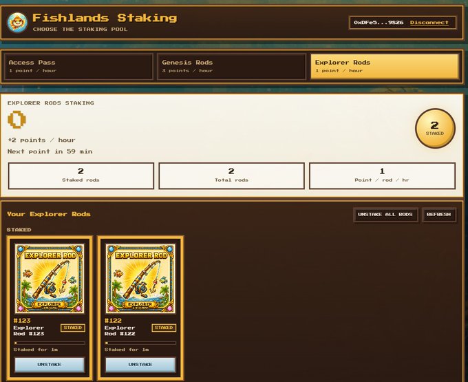 Screenshot of the 'Fishlands Staking' interface showing the 'Explorer Rods' tab with staking details (2 points/hour, 2 staked rods, next point in 59 min) and two staked Explorer Rod NFTs (#123 and #122).