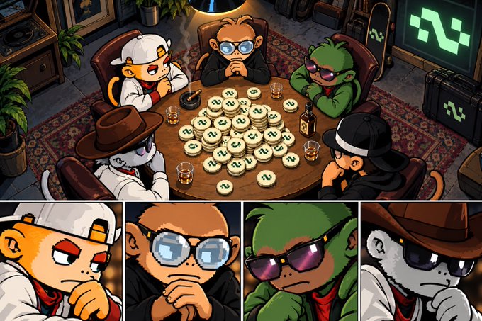 A digital illustration depicting four cartoon monkey characters gathered around a poker table with stacks of chips, with close-up portraits of each character below.