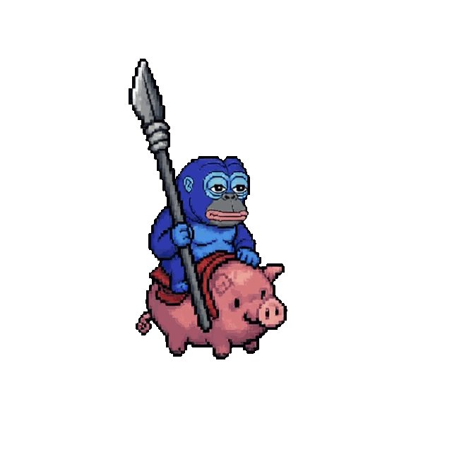 The image features a cartoon character, possibly a monkey or a pig, riding on top of a pink piggy bank. The character appears to be holding a stick with a sword at its end. The background of the image is white, which contrasts with the colorful and detailed characters in the foreground. There are no other objects or text present in the image.