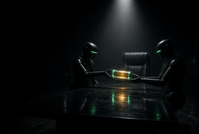 Two sleek black humanoid robots sit across from each other at a dark conference table in a dimly lit room, jointly holding a glowing green cylindrical object under a spotlight.