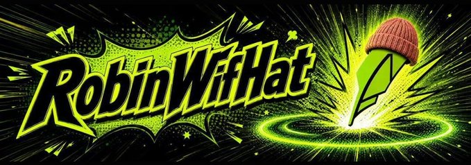 The image is a vibrant promotional banner for the $ROBINWIFHAT token, featuring bold comic book-style "RobinWifHat" text in bright green and yellow, alongside a cartoon rocket wearing a pink beanie launching upward. The dynamic design visually reinforces the post's introduction of the project, highlighting its energetic branding and rocket imagery as a symbol of upward momentum for the new token launch on the Robinhood chain.
