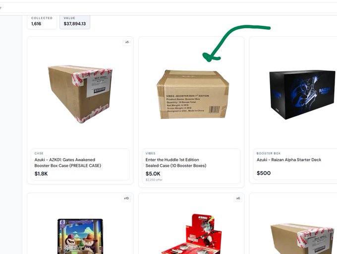 A product collection page showing booster boxes including 'Azuki x AKOF: Gates Awakened Booster Box Case' ($1.8K) and 'Enter the Huddle 1st Edition Sealed Case' ($5.0K), with a green arrow pointing to the latter.