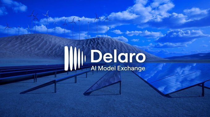 A promotional banner for "Delaro – AI Model Exchange" is overlaid on a blue-tinted landscape featuring wind turbines and solar panels, symbolizing the renewable, forward-looking energy of a new open AI marketplace with the ticker $DLO.