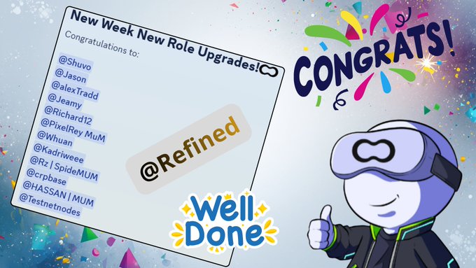 The image features a cartoon character wearing a virtual reality headset, giving a thumbs up sign with a smiley face. The background includes confetti and text that congratulates everyone who has been promoted to the Refined role. The caption reads "Congratulations to everyone who has been promoted to the Refined role! Your consistent contributions have been recognized. Let'S keep up the good work. There'S still a lot ahead of us. @get_optimum".