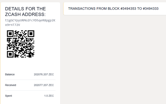 A Zcash blockchain explorer page showing details for address t1gGCYpyURMo2FcYDSqeR8pgp2Kx9rnT72V with a QR code, a balance of 202076.207 ZEC, received 202077.207 ZEC, and spent 1.0 ZEC.