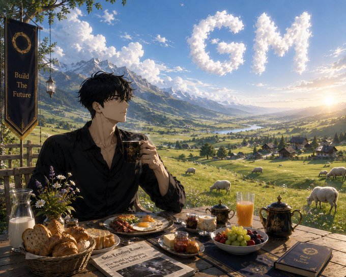 The image features a man sitting at a table with breakfast food, including pastries, fruit, and juice. The man has his back turned towards the camera as he enjoys his meal. In front of him are various items such as cups, bowls, books, and vases. There is also an interesting connection to the post about the Quantum Doom Clock on the image's caption.