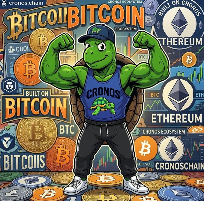 A colorful promotional graphic featuring a muscular, anthropomorphic turtle wearing a 'CRONOS' tank top, surrounded by 'BITCOIN' and 'ETHEREUM' logos, coins, and 'cronos.chain' branding.