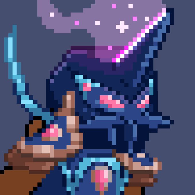 A pixel art illustration depicting a character in a blue robe and pointed hat with a beard, holding a staff, with another character below.
