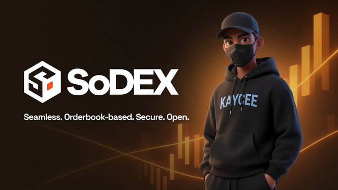 A promotional graphic for SoDEX, described as 'Seamless. Orderbook-based. Secure. Open.', featuring a 3D animated character in a black hoodie and mask against an orange chart background.
