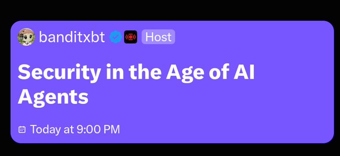 A purple event card from user 'banditxbt' titled 'Security in the Age of AI Agents' scheduled for Today at 9:00 PM.