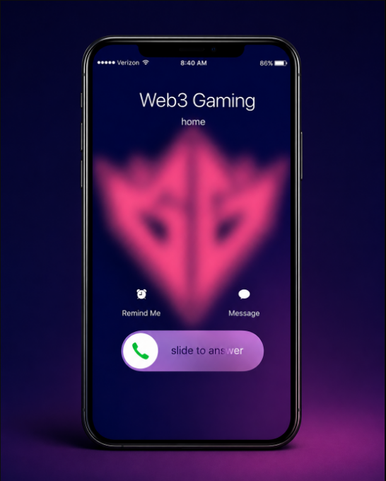 A smartphone displays a 'Web3 Gaming home' screen with a pink geometric logo, showing 'Remind Me' and 'Message' options, and a 'slide to answer' button.
