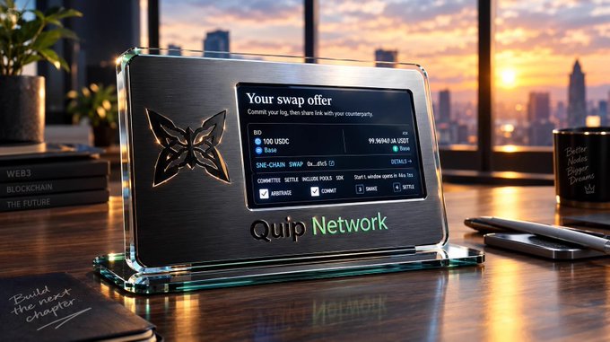 A display on a desk showing a swap offer interface for 'Quip Network' with '100 USDC' and '99.90440 JA USDT' visible, set against a sunset city skyline.
