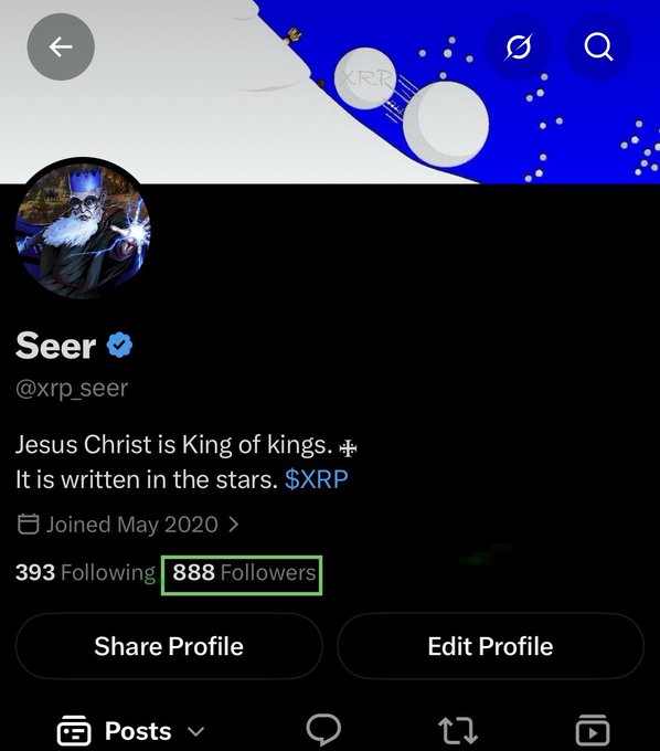 A Twitter/X profile for "Seer" (@xrp_seer) showing 888 followers, with the bio stating "Jesus Christ is King of kings. It is written in the stars. $XRP" and joined May 2020.