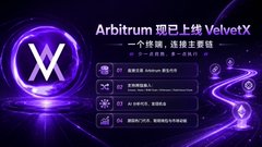 Digital advertisement in Chinese announcing "Arbitrum 现已上线 VelvetX" (Arbitrum now live on VelvetX) with a purple-themed UI design.