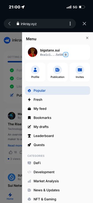 A mobile app screen for inkray.xyz showing a menu with options like Profile, Publication, and Invites, with the username 'bigstanx.sui' visible.