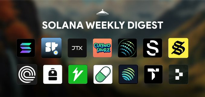 The image is a graphic titled "SOLANA WEEKLY DIGEST" featuring a 2x7 grid of 14 various crypto project logos (including Solana, Pyth, JTO, Claynosaurz, TNSR, and others) displayed against a blurred mountain landscape background. It serves as a visual companion to the post highlighting Solana's record-breaking TPS performance, outperforming other L1/L2 chains, and new developments like OndoPerps launching 20x leverage tokenized equity perpetuals.
