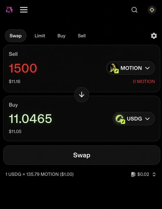 A screenshot of the Motion decentralized exchange shows a swap interface where a user is selling 1500 MOTION tokens to receive 11.0465 USDG, with an exchange rate of 1 USDG = 135.79 MOTION. The post promotes earning $MOTION tokens by connecting an X account and fulfilling follower age requirements, suggesting this DEX is the platform where those earned tokens can be traded.