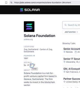 A job listings webpage shows the 'Solana Foundation' at solana.org, listing locations in Zug, Switzerland and noting it was founded in 1997, with various senior and partner positions visible.