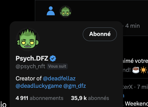 A screenshot of a Twitter/X profile for 'Psych.DFZ' (@psych_nft), a verified account with 4,911 following and 35.9K followers, noted as the creator of @deadfellaz, @deadluckygame, and @gm_dfz.