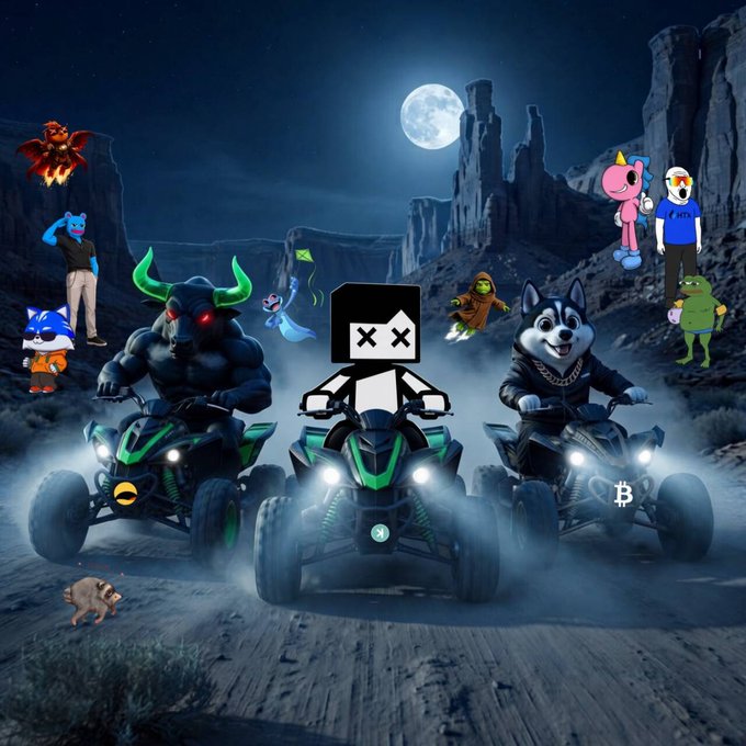 A digital illustration of three ATVs with characters including a minotaur, a husky dog, a Sonic-like figure, a frog, and a box-headed figure racing under a full moon.