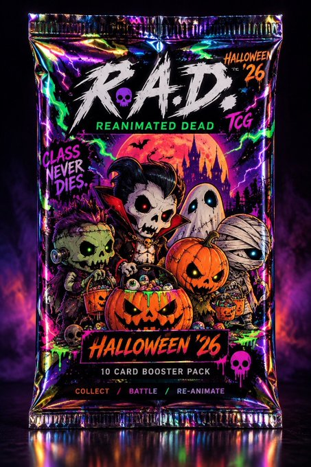 A holographic trading card booster pack titled 'R.A.D. REANIMATED DEAD TCG' for Halloween '26, featuring spooky artwork of pumpkins, ghosts, and monsters.
