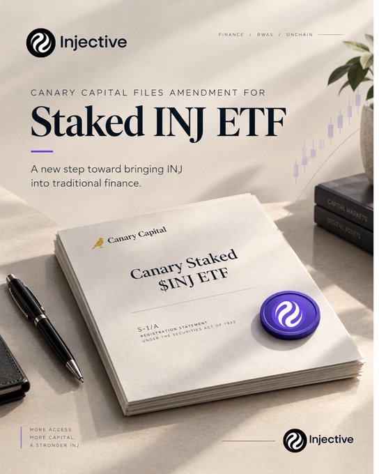 A promotional graphic for Injective announcing 'Canary Capital Files Amendment for Staked INJ ETF,' showing an S-1/A registration statement document alongside a pen, books on capital markets, and an INJ token icon.