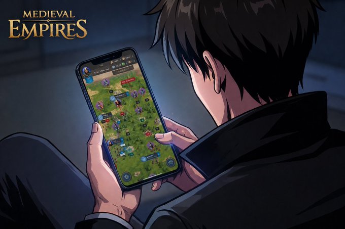An anime-style illustration of a dark-haired person playing a mobile strategy game on a smartphone, with the 'MEDIEVAL EMPIRES' logo in the top-left corner.