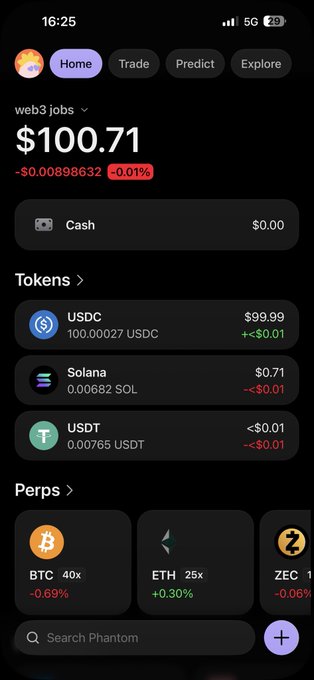 A Phantom wallet interface shows a portfolio valued at $100.71 with holdings in USDC ($99.99), Solana ($0.71), USDT (<$0.01), and Perpetuals including BTC, ETH, and ZEC.