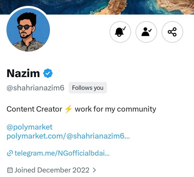 A screenshot of a Twitter/X profile for Nazim (@shahrianazim6), a verified content creator who joined in December 2022, with links to Polymarket and Telegram—shown in support of the post's request to "show him some love" as the user's mentor.