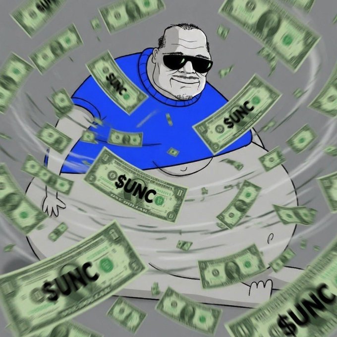 An illustrated overweight figure wearing sunglasses and a blue shirt sits in a pool surrounded by floating $UNC labeled dollar bills.
