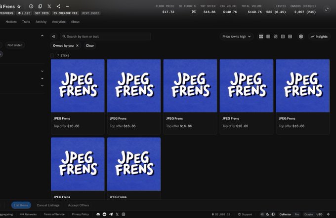 A screenshot of an NFT marketplace interface shows a collection titled "JPEG Frens" with multiple blue tile listings, displaying stats like floor price ($17.73), 1D floor (0%), and top offer ($16.60).