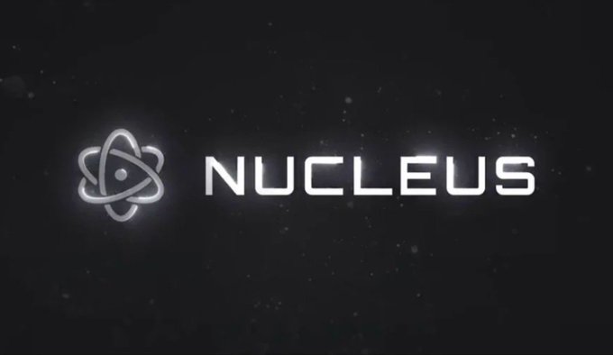 A logo featuring an atomic symbol alongside the text 'NUCLEUS' in glowing white letters on a black background with subtle particles.
