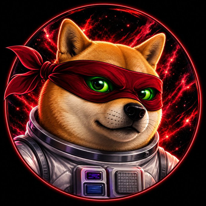 A digital illustration depicts a Shiba Inu dog wearing a red mask and silver spacesuit against a glowing red cosmic background, styled like an astronaut portrait.