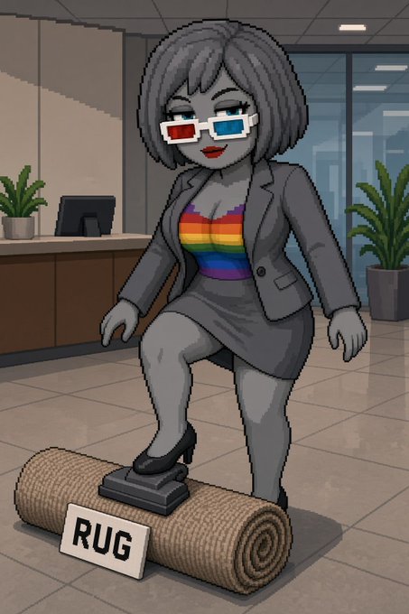 A cartoon illustration of a gray-skinned woman with 3D glasses, a rainbow top, and gray suit, stepping on an office stamp labeled 'RUG' that's pressing down on a rolled-up rug.