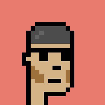 A pixel art illustration of a person with a beard and dark cap against a solid coral background.