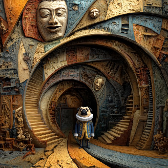A surreal AI-generated artwork featuring a pug dressed in a royal Elizabethan-style blue and gold outfit standing within an ornate carved wooden tunnel with spiral staircases and large decorative masks.