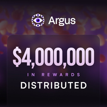 An advertisement for Argus showing '$4,000,000 IN REWARDS DISTRIBUTED' against a purple background with falling petals.