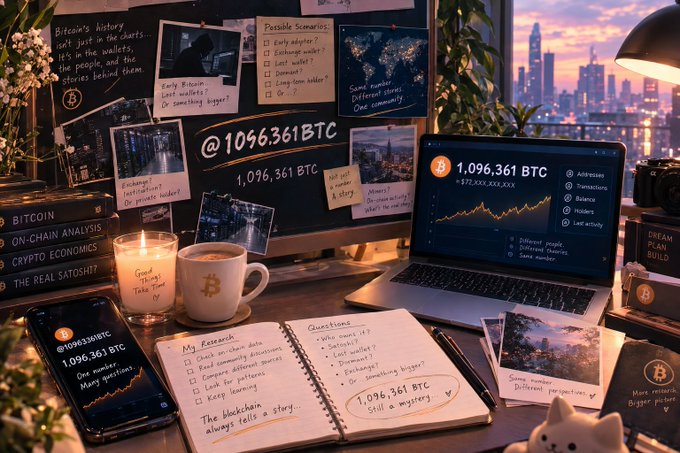 An investigative research setting displays multiple screens, sticky notes, and notebooks all referencing '1,096,361 BTC' alongside questions like 'Who owns it?', 'Lost wallet?', and 'Early adopters?'.